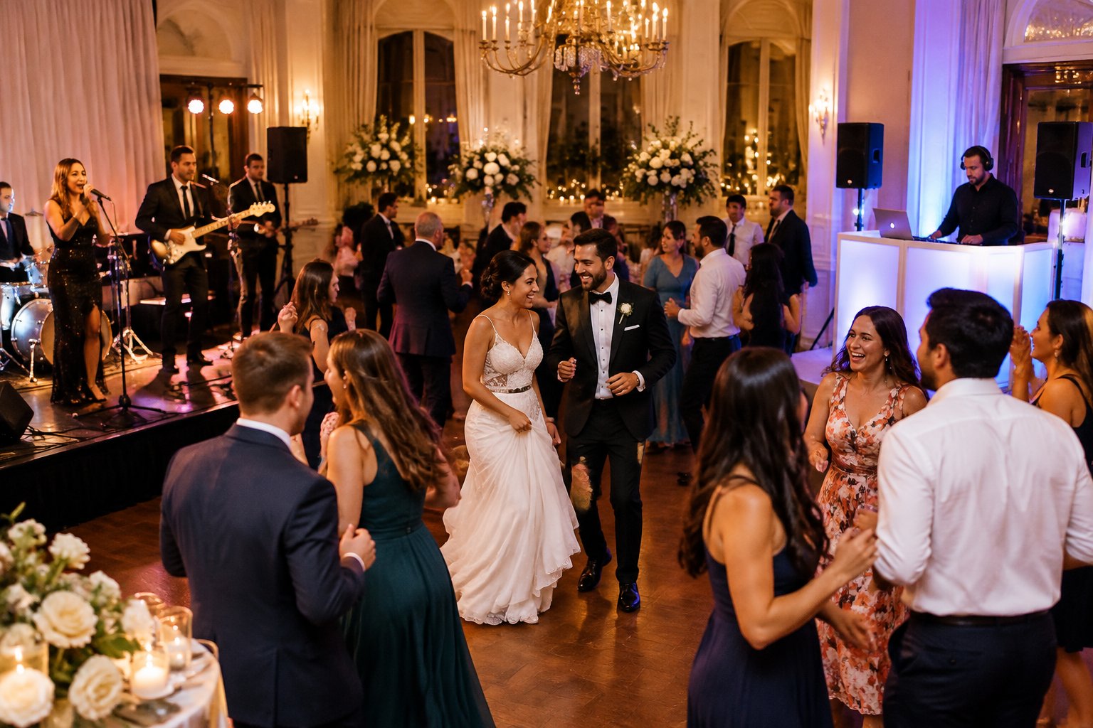 Wedding guests dance between a live band and a DJ at a reception.
