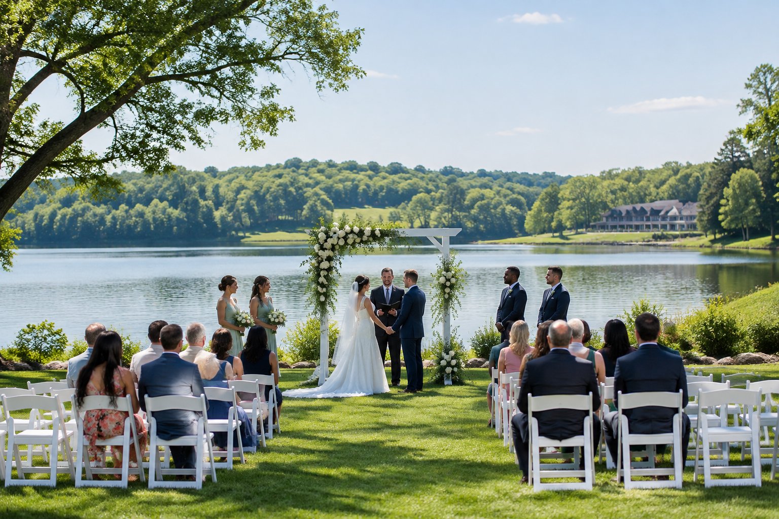 A wedding ceremony setup on a grassy lakeshore with rows of white chairs and a flower-decorated arch.