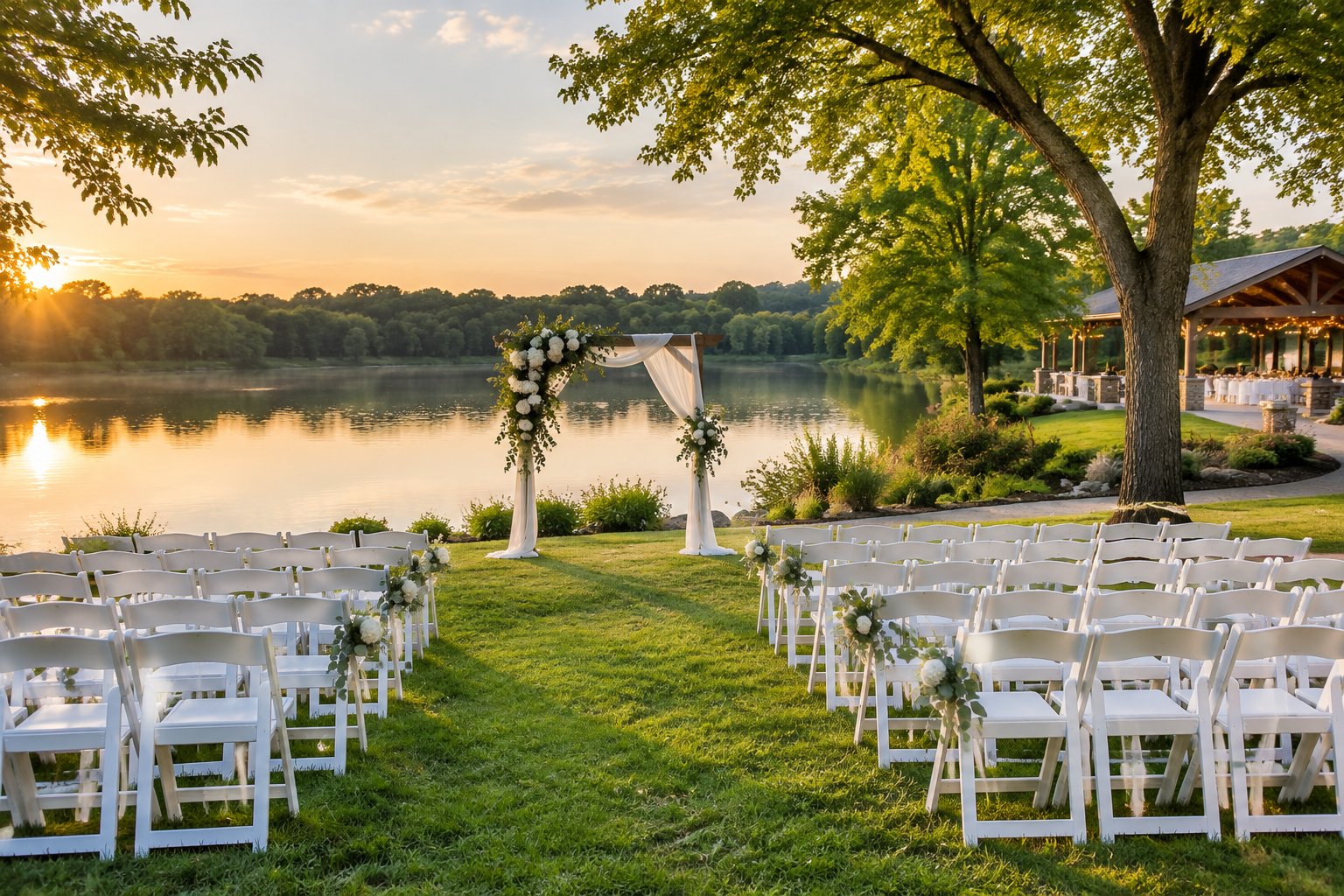 An outdoor wedding ceremony set beside a calm lake.
