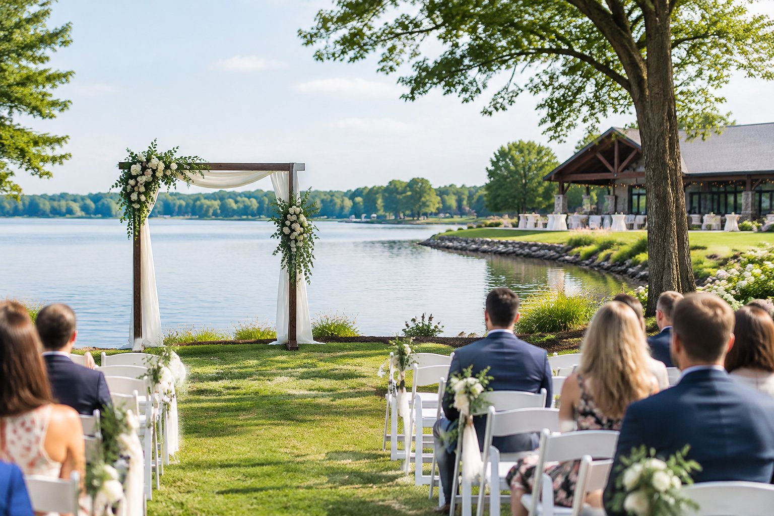 An outdoor wedding ceremony beside a calm lake.