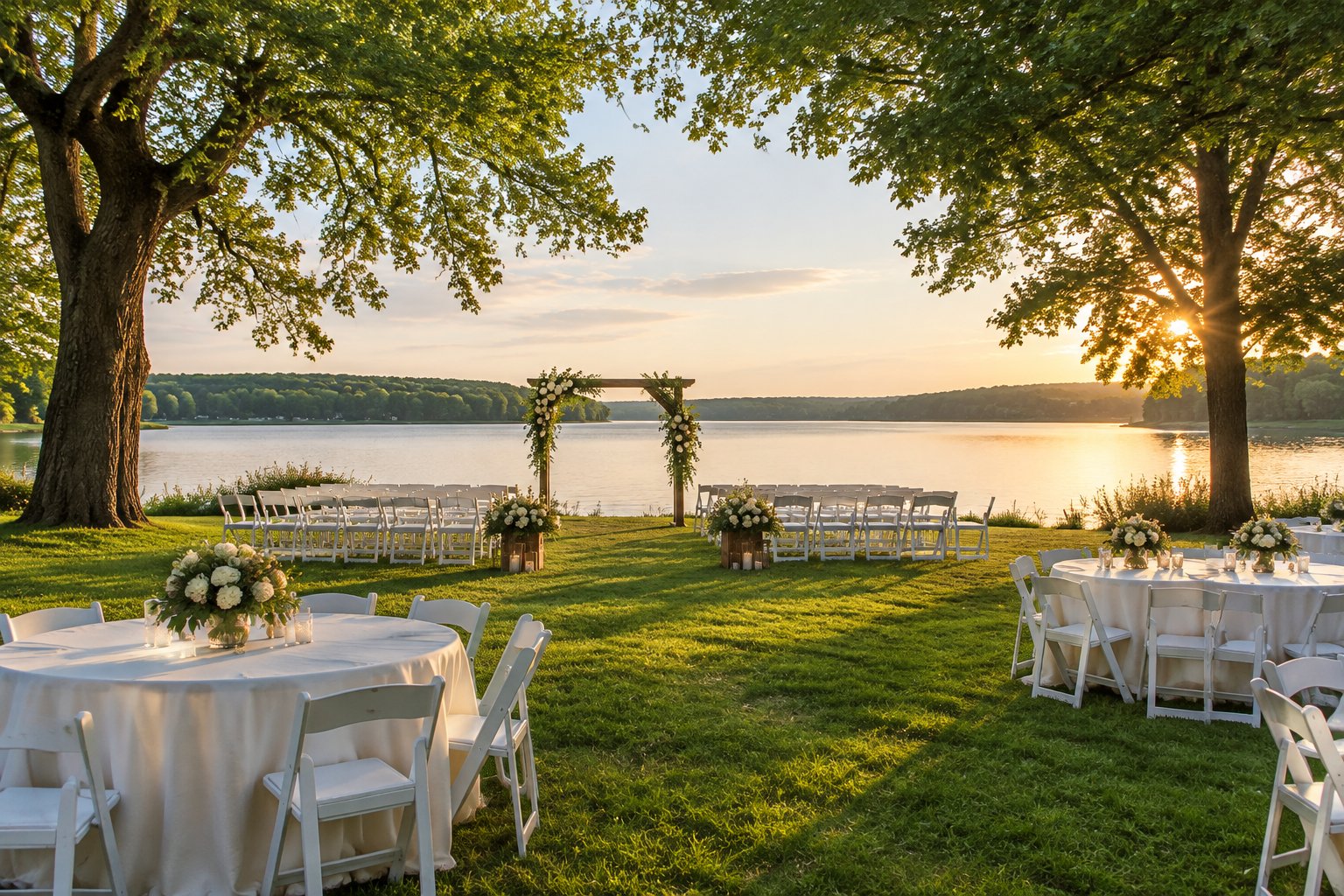 A wedding ceremony setup on a grassy lakeshore.
