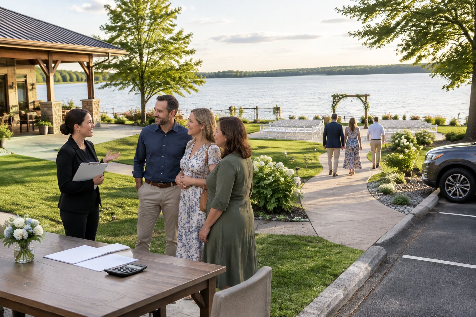 A couple and venue coordinator review a lakeside wedding site as guests arrive nearby.