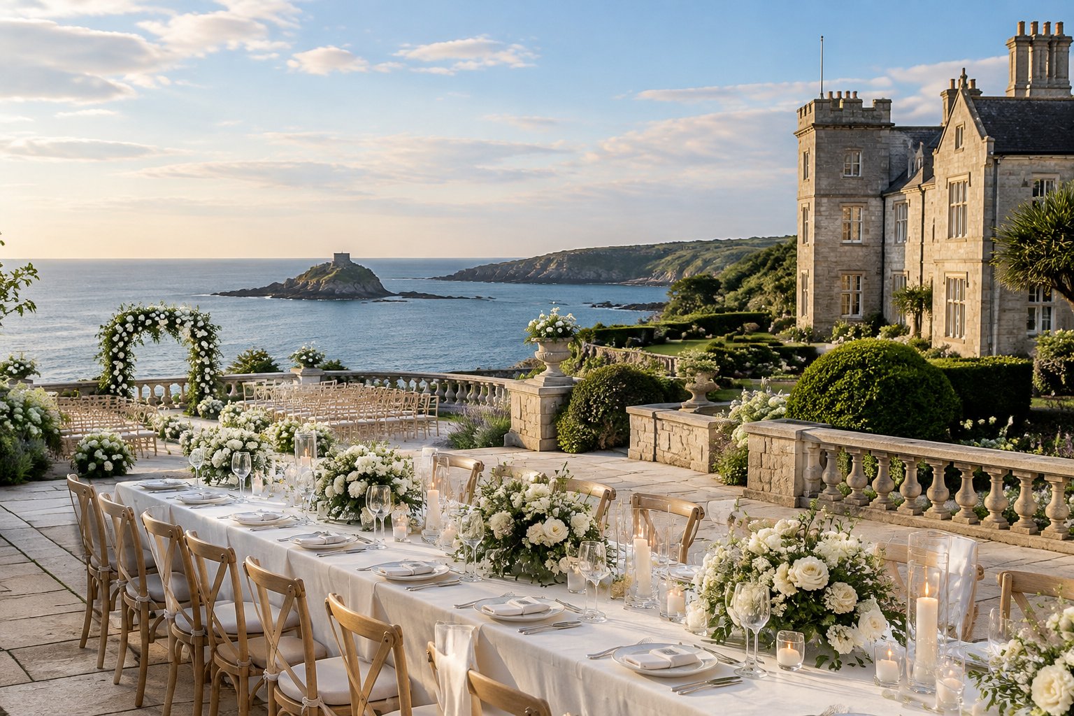An elegant wedding reception set in a seaside garden beside a historic stone estate.