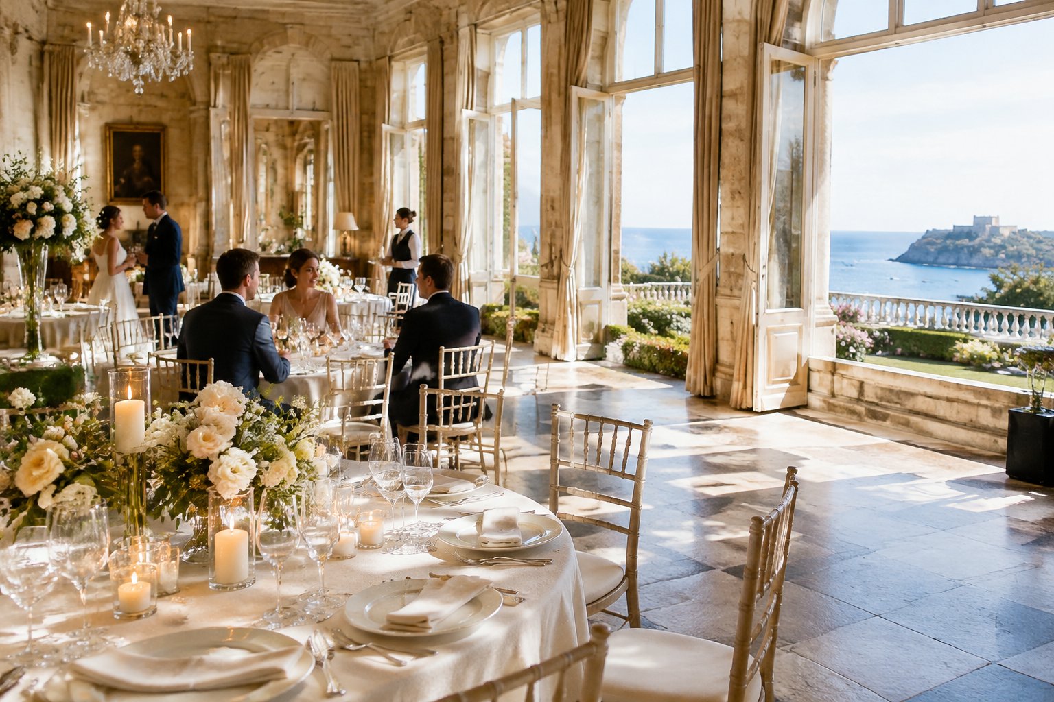 A wedding reception set in a manor overlooking the Jersey coast.