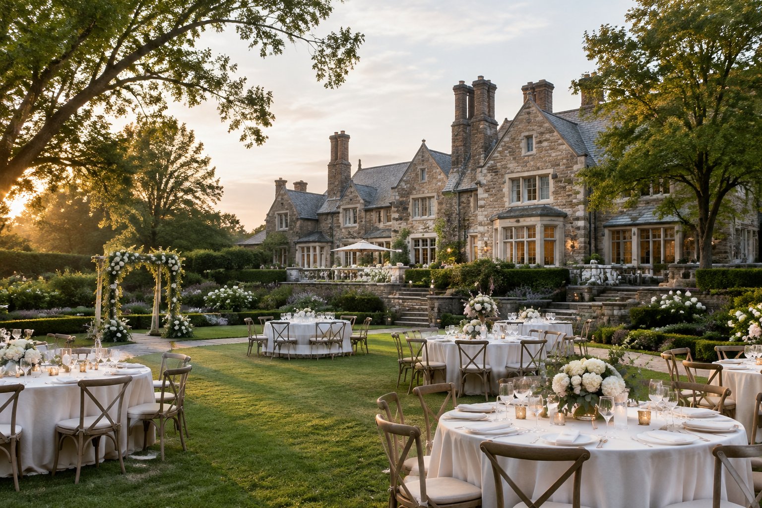 A garden wedding reception set before a historic manor.