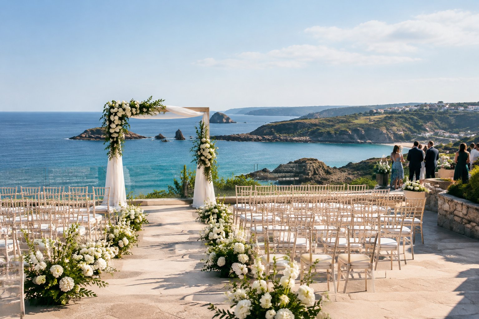 A seaside wedding ceremony set on a terrace overlooking the coast.