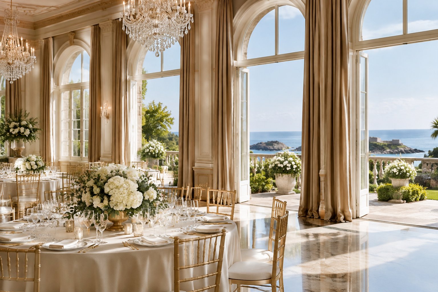 An elegant ballroom opens onto a garden terrace with a coastal view.