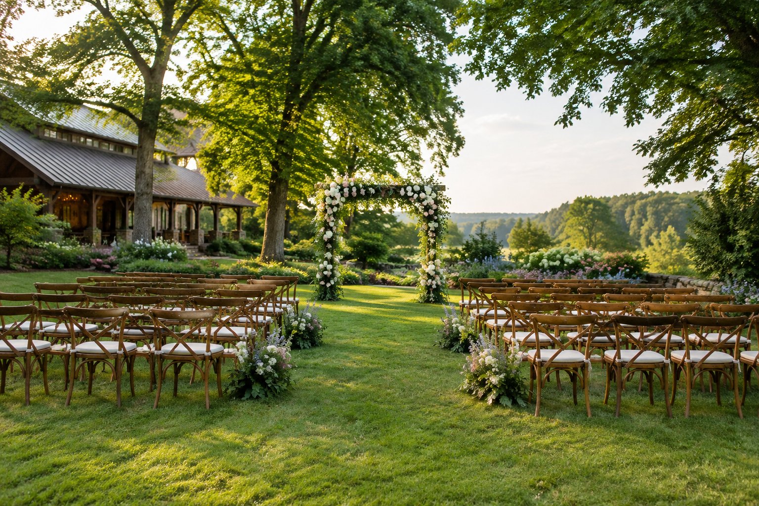 An outdoor wedding ceremony space with rows of chairs facing a flower-covered arch in a garden.