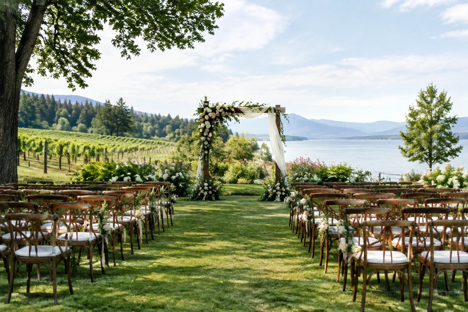 An outdoor wedding ceremony setup in a flower-filled garden with trees and a scenic landscape.