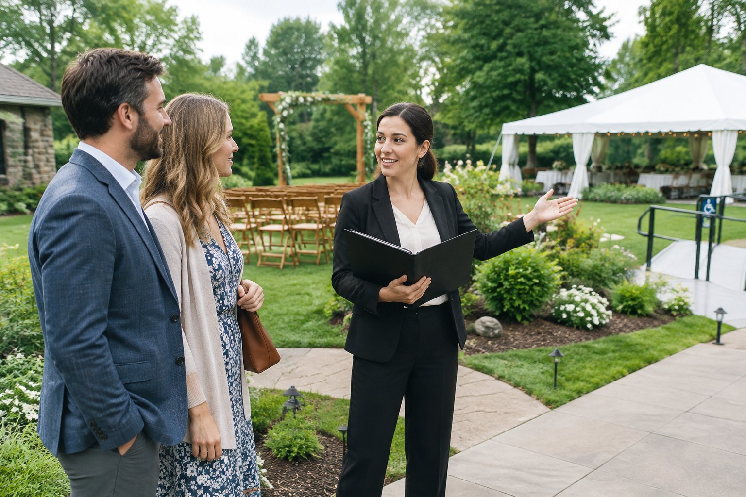 A couple discusses an outdoor wedding venue with a coordinator.