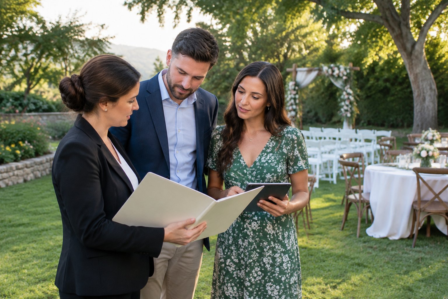 A couple reviews venue options with a coordinator at a garden wedding venue.
