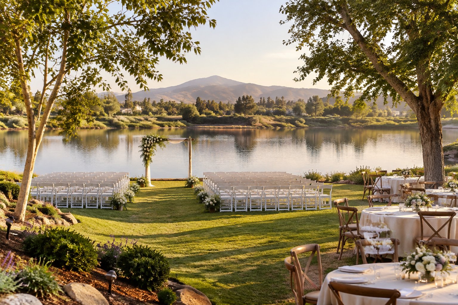An outdoor wedding ceremony setup beside a calm lake, with chairs, a floral arbor, and reception tables.