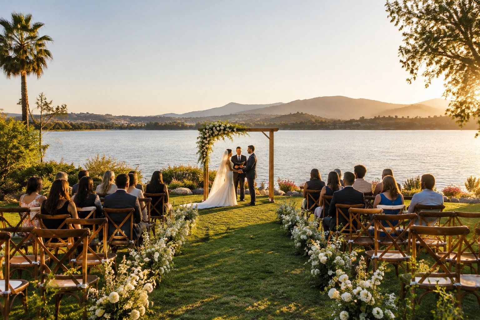 A wedding ceremony set on a lawn beside a calm lake.