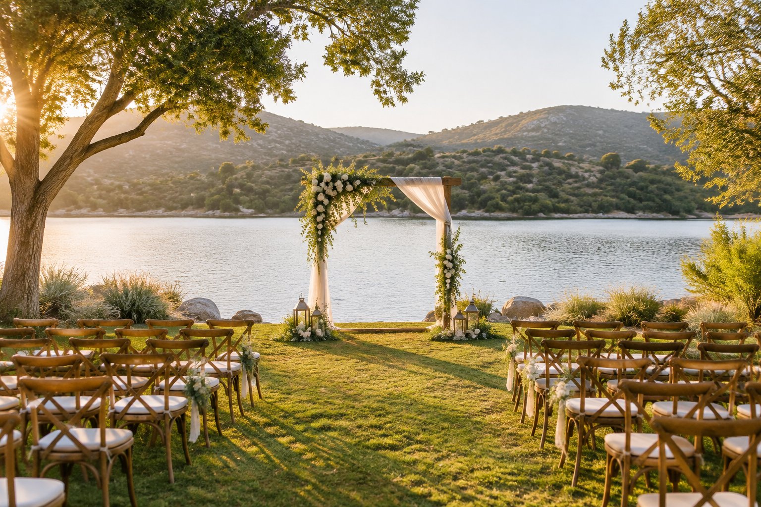 A wedding ceremony setup beside a lake with hills and trees in the background.