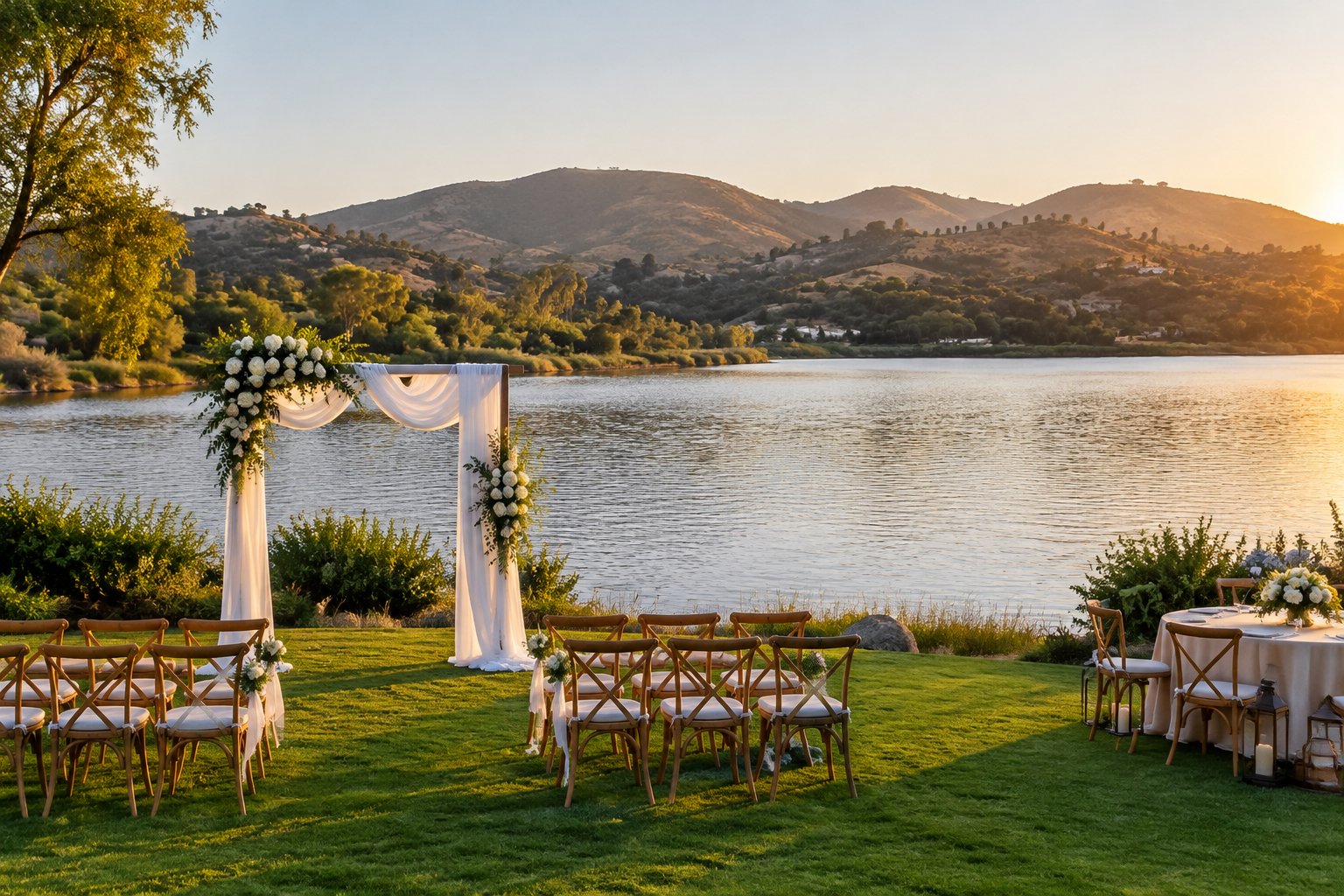 A wedding ceremony setup beside a lake with hills in the distance.