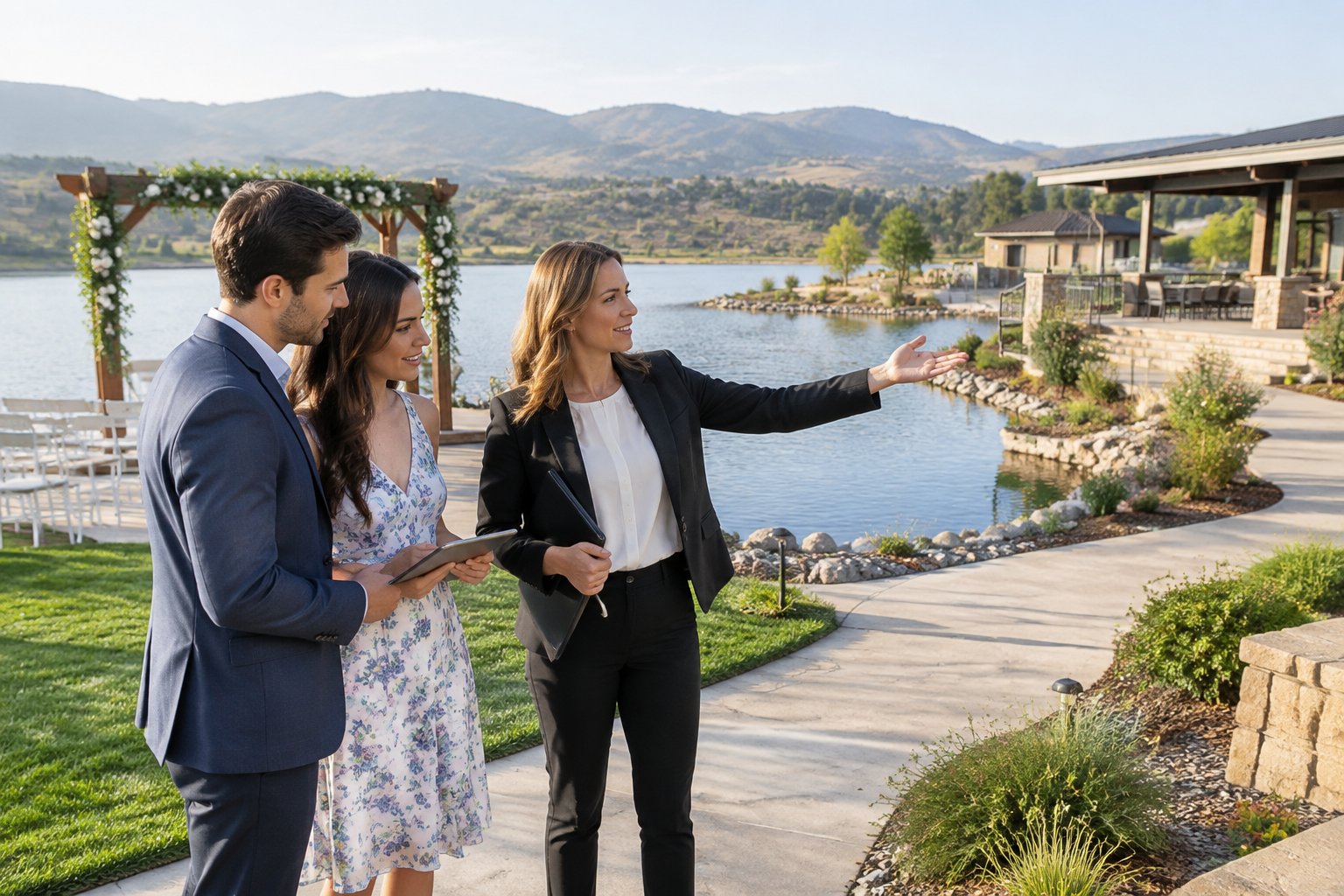 A couple and venue coordinator inspect a lakeside wedding venue.
