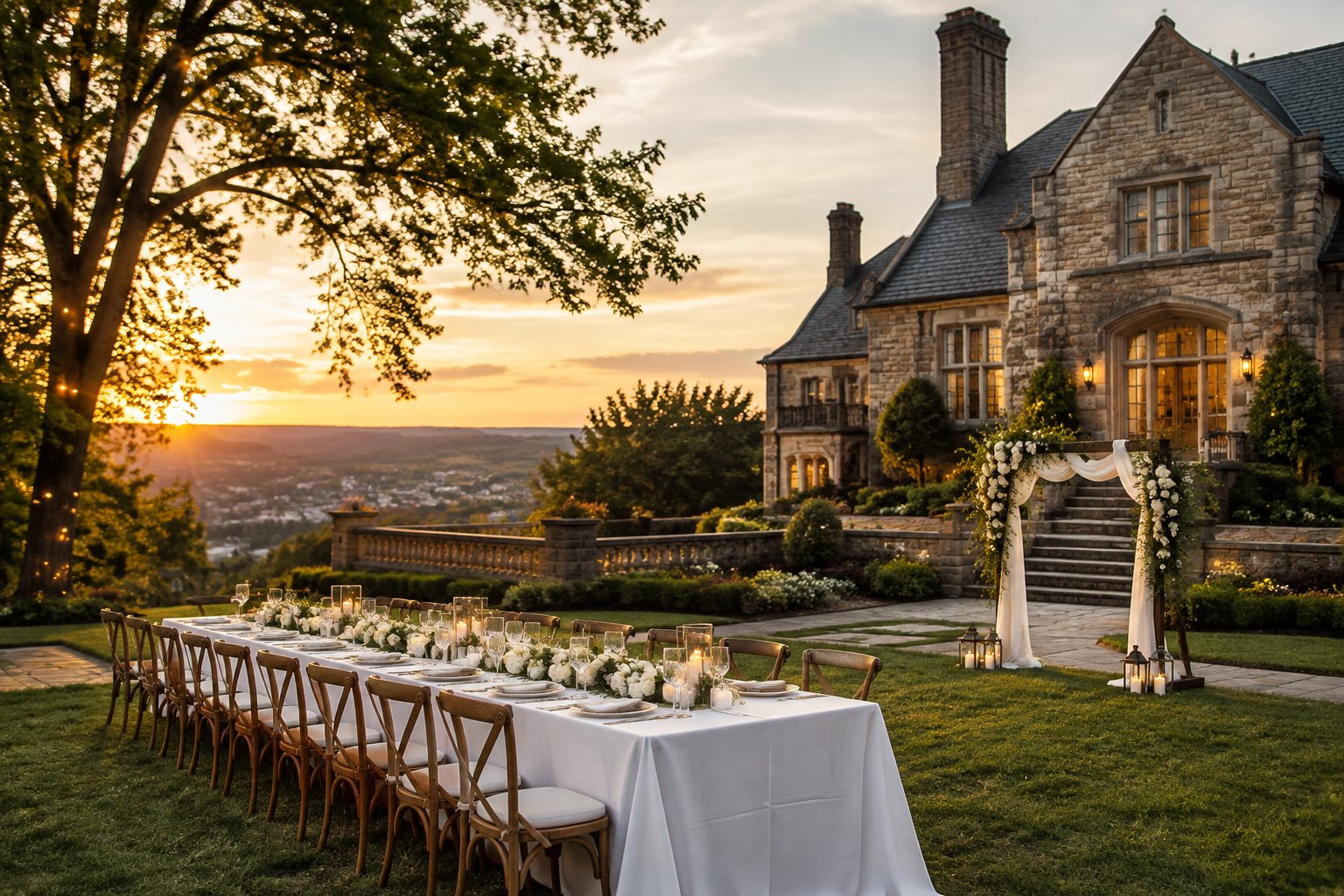 A stone mansion overlooks a garden wedding reception with decorated tables and a ceremony arch.