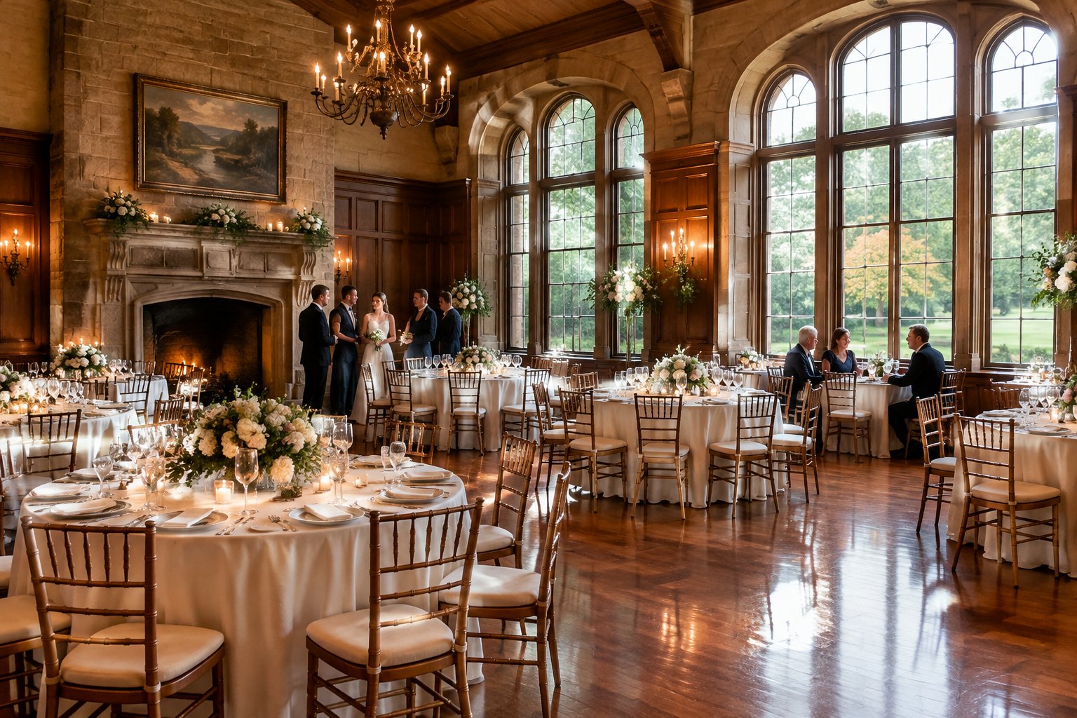 A wedding reception set in an elegant ballroom with guests and decorated tables.