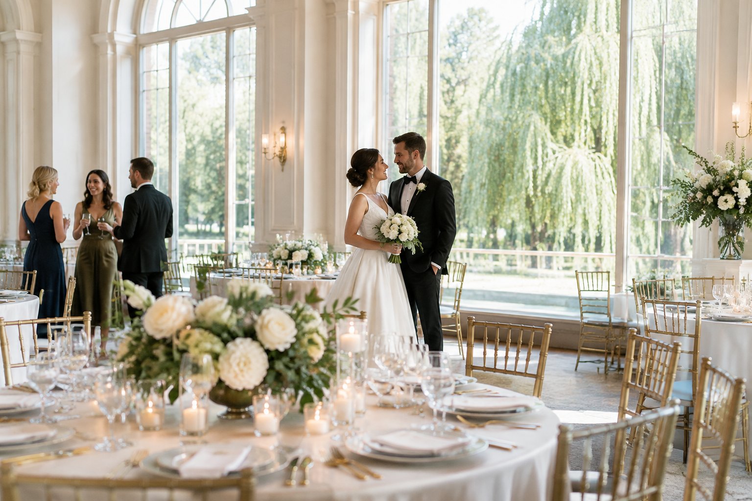A bride and groom share a moment beside a polished wedding reception table, with willow trees visible outside.