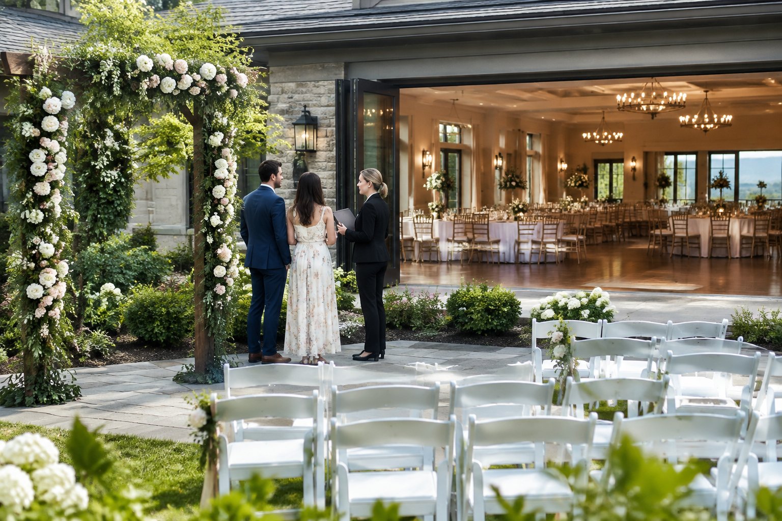 A couple and venue coordinator compare a garden ceremony area with an elegant indoor reception room.