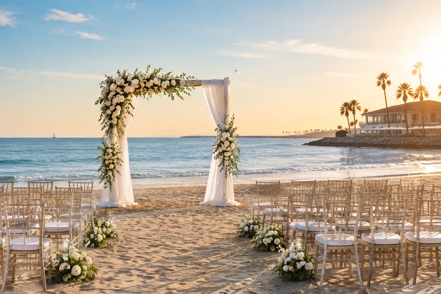A decorated wedding ceremony setup on a sandy beach beside the ocean.