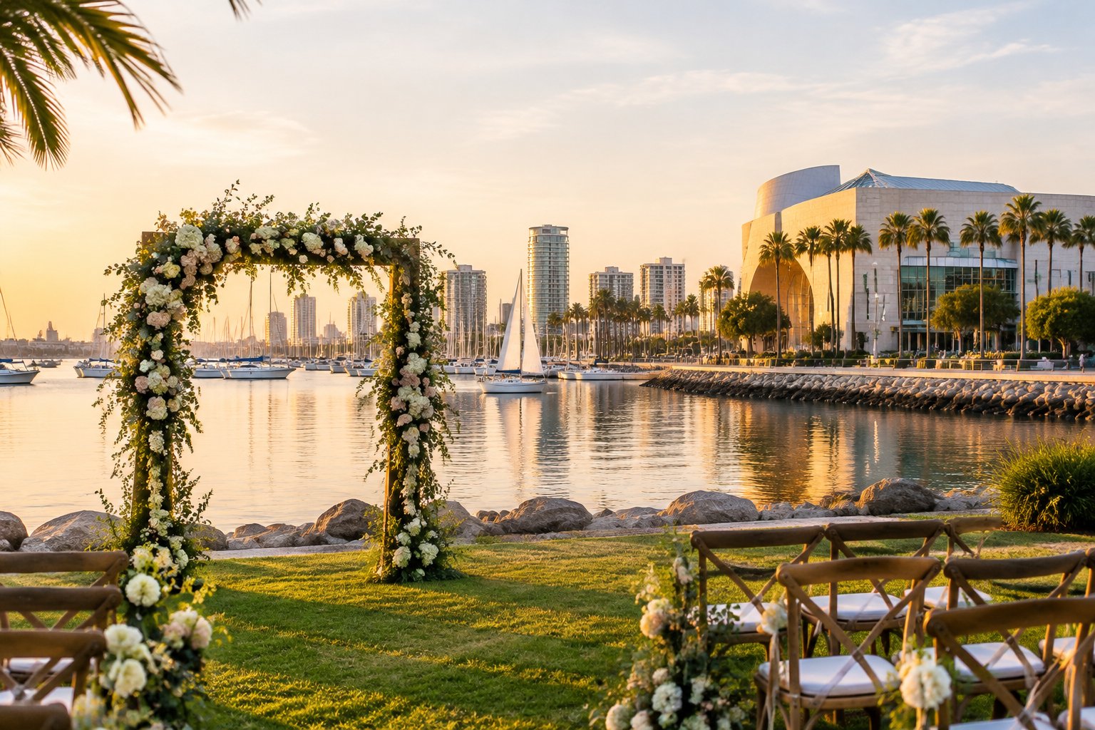 A wedding ceremony setup beside a harbor with sailboats, palm trees, and a cultural venue.
