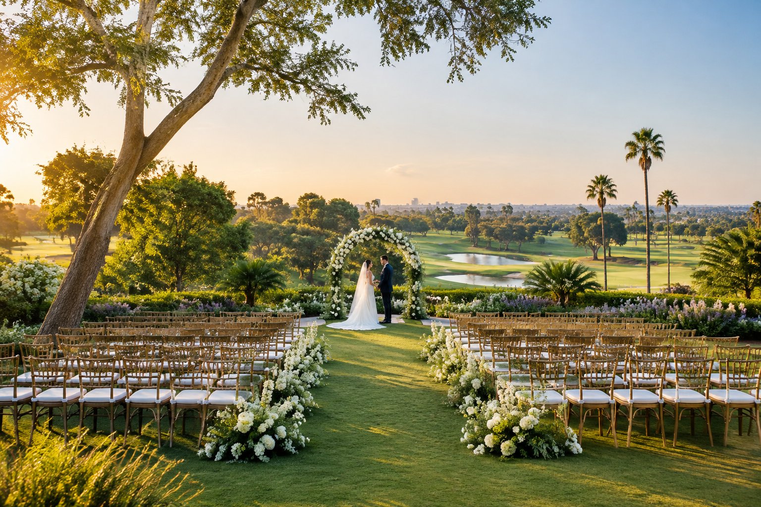 A wedding ceremony set in a landscaped garden beside a golf course.