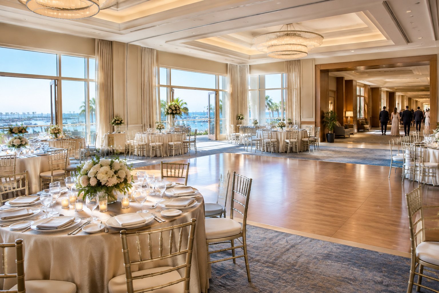A wedding ballroom beside a hotel lobby, with guests and a view of the coast.
