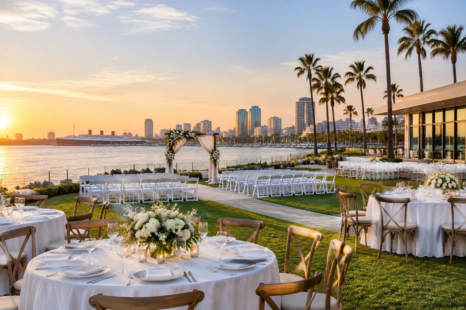 A waterfront wedding venue in Long Beach set for an outdoor reception.