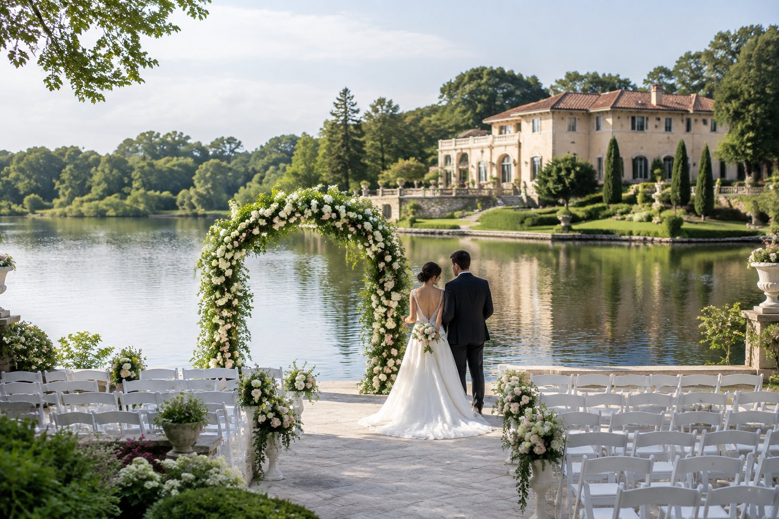A wedding ceremony set beside a lake with a villa in the background.