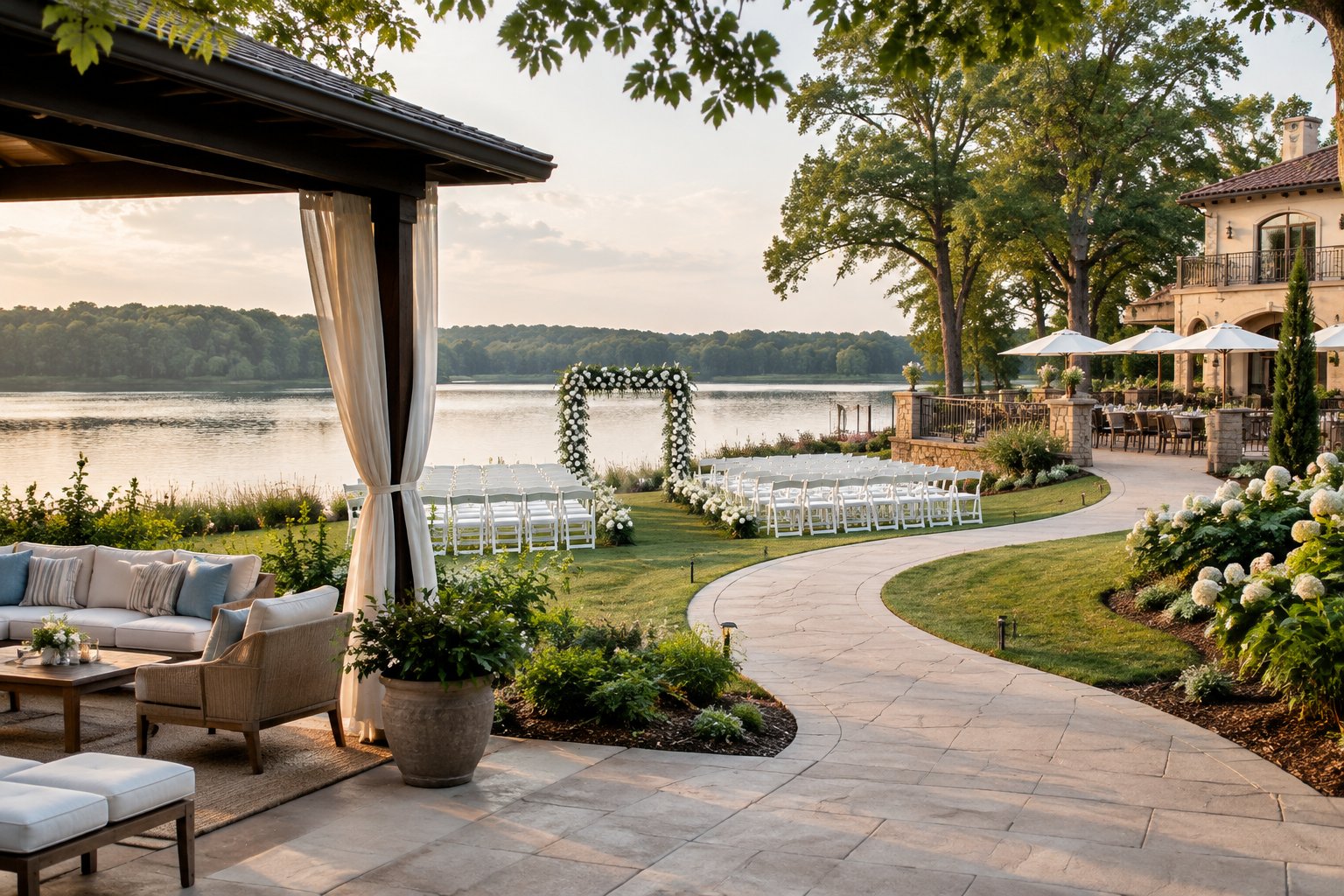 A lakeside wedding ceremony setup beside a villa, with white chairs, a floral arch, and a shaded lounge area.
