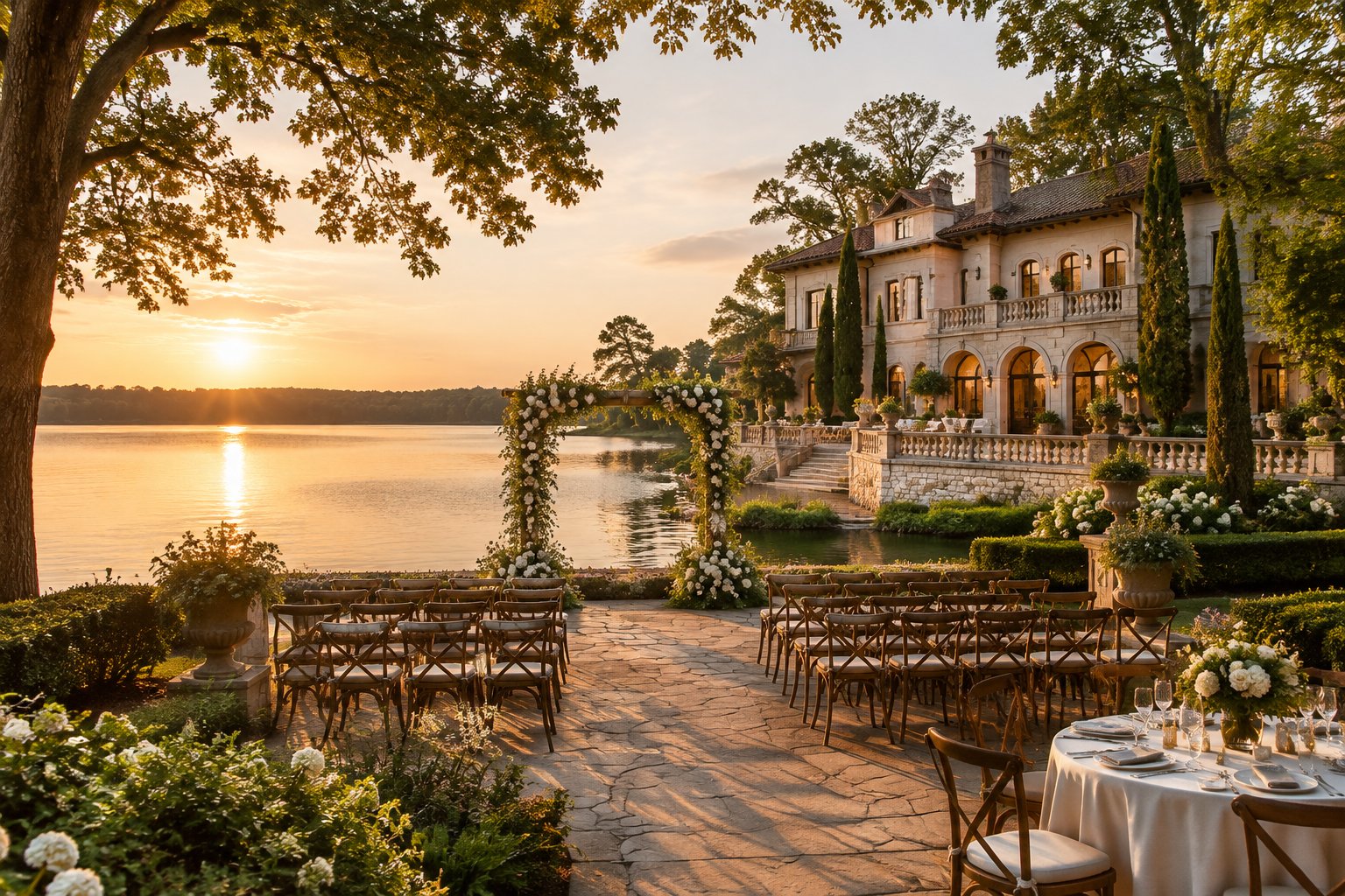 A wedding ceremony setup beside a lakeside villa.