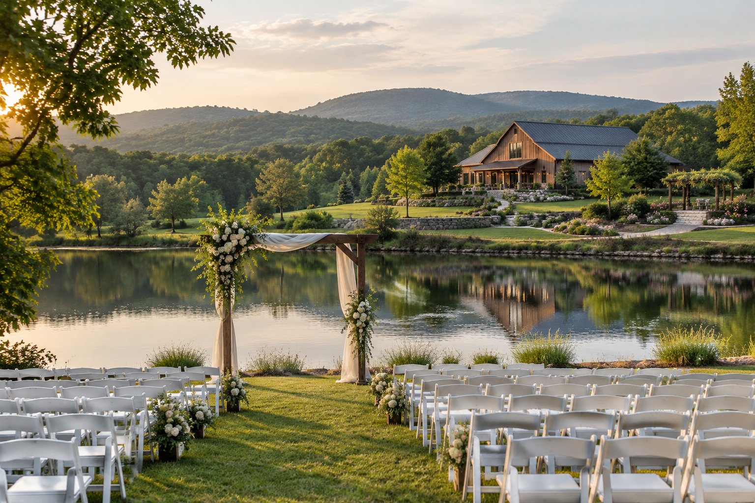 A lakeside wedding ceremony setup with a barn and garden venue in the distance.