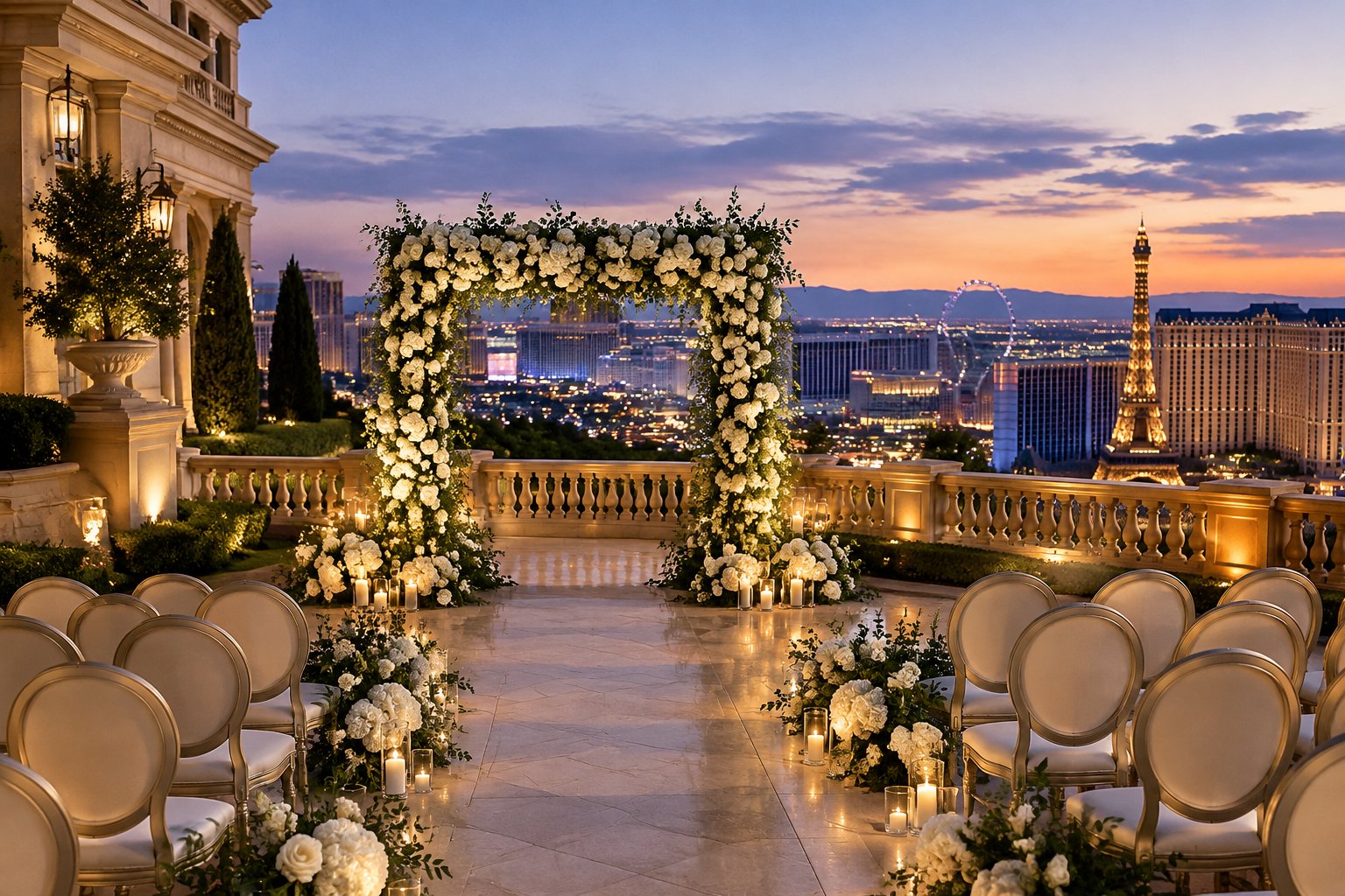 A wedding ceremony setup on a terrace overlooking the Las Vegas skyline.