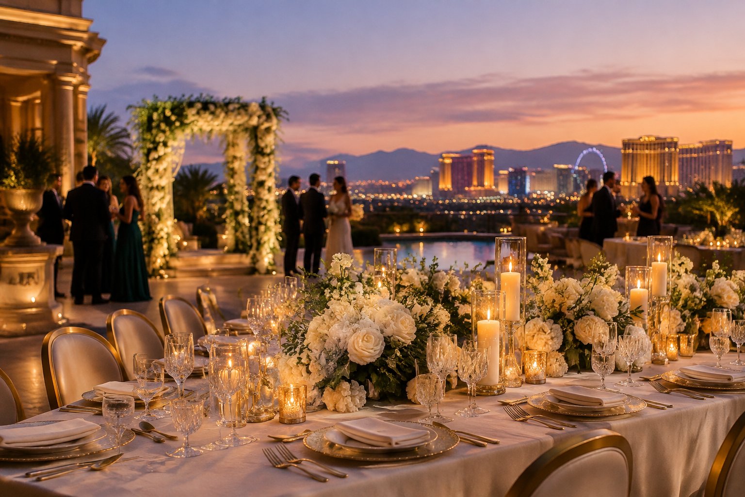 An elegant wedding reception table overlooks the glowing Las Vegas skyline at twilight.