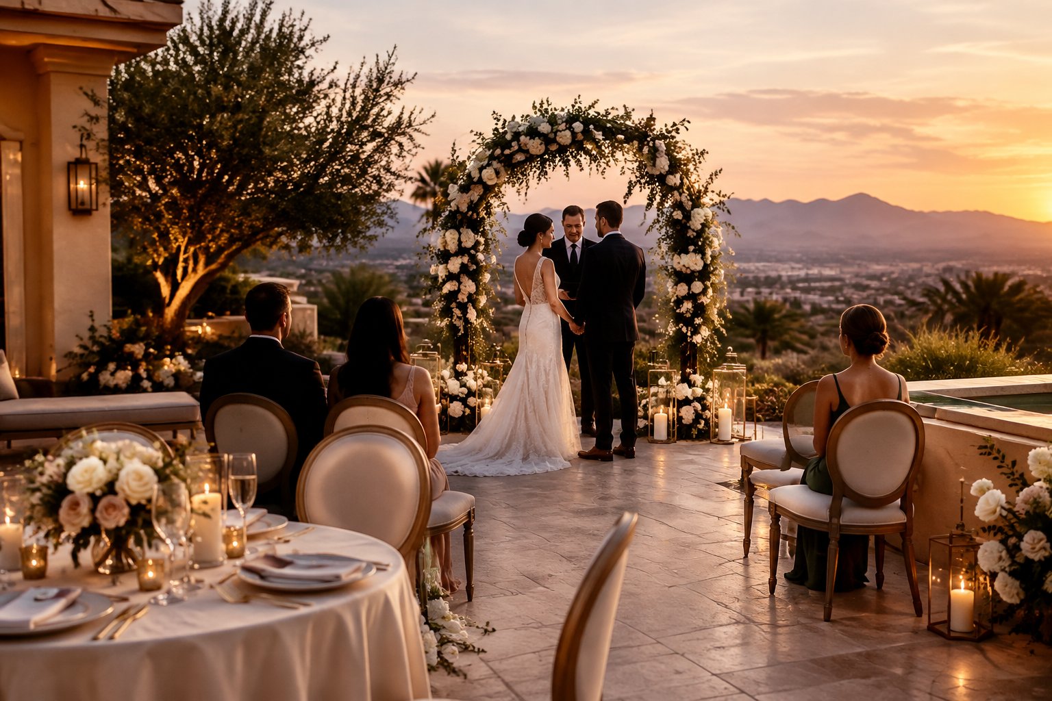 An intimate wedding setup in a luxury courtyard with flowers, candlelight, and a few chairs.
