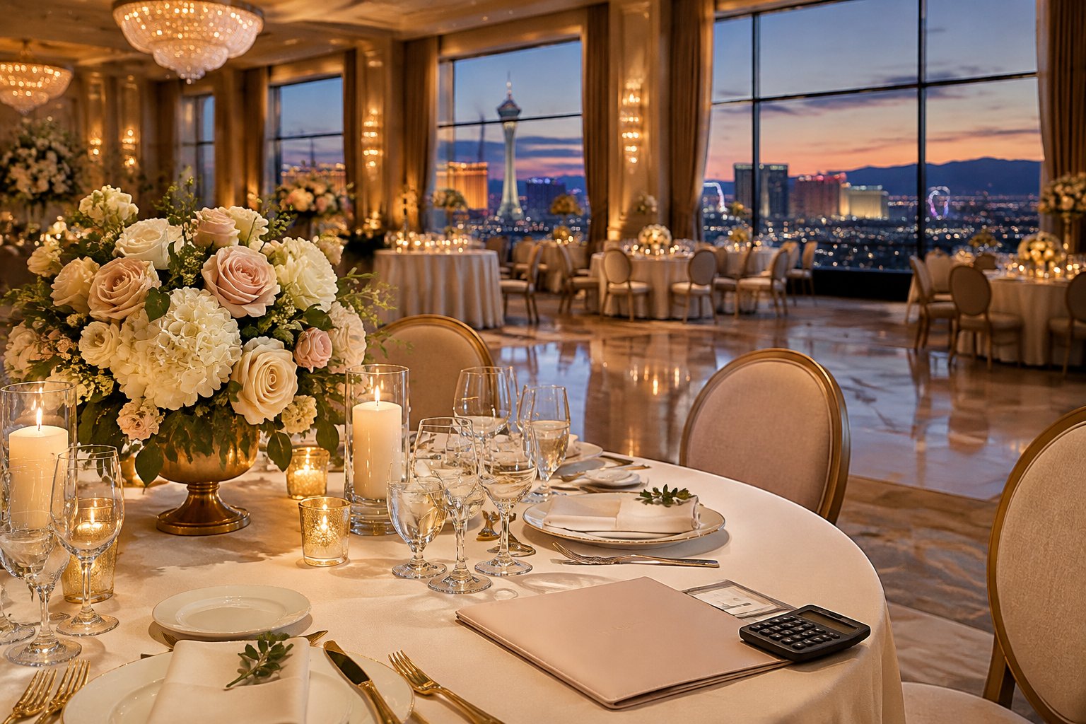 An elegant wedding reception table in a Las Vegas ballroom with a calculator and planning folder nearby.