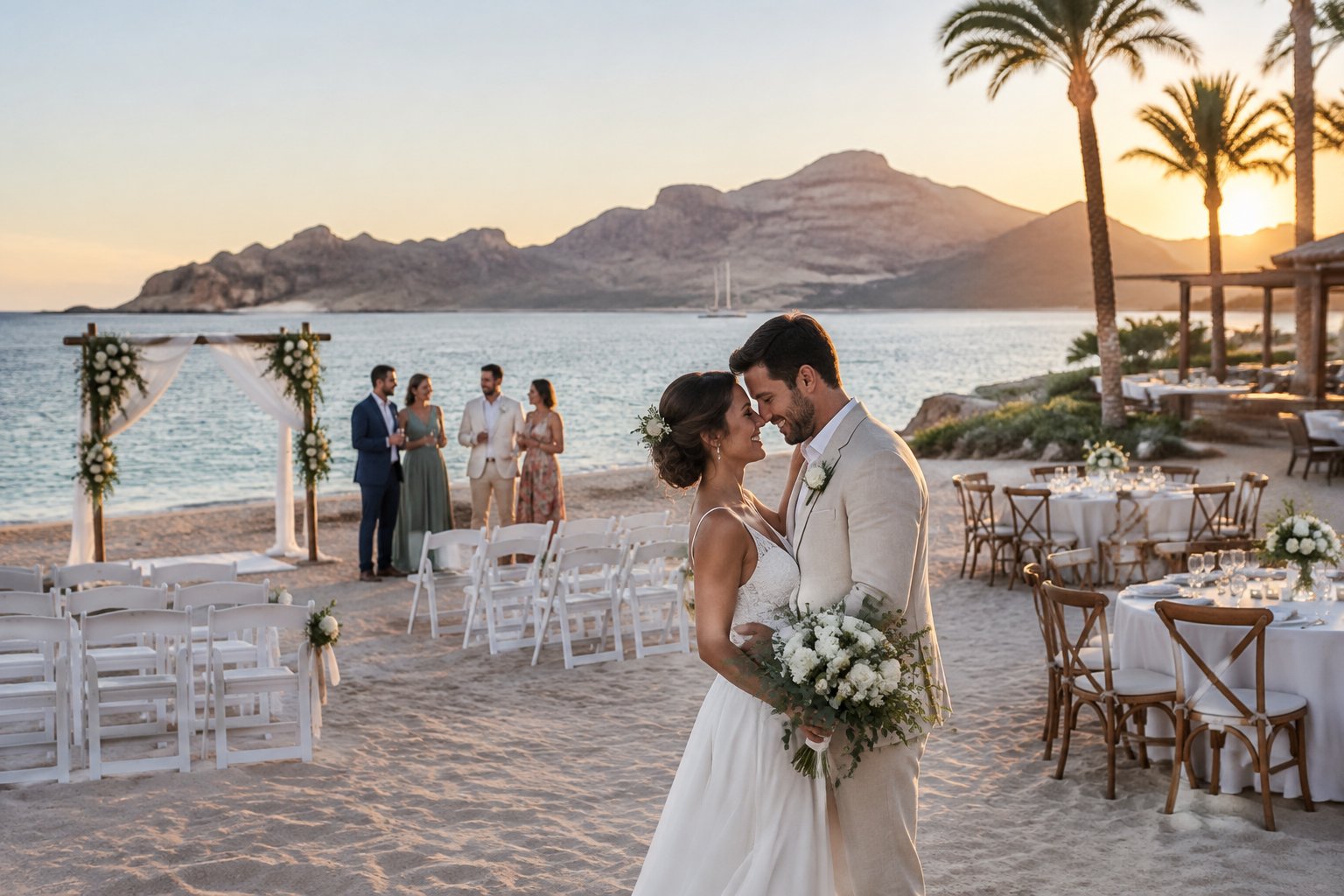 A bride and groom celebrate on a beach with wedding guests, tables, and a coastal mountain backdrop.