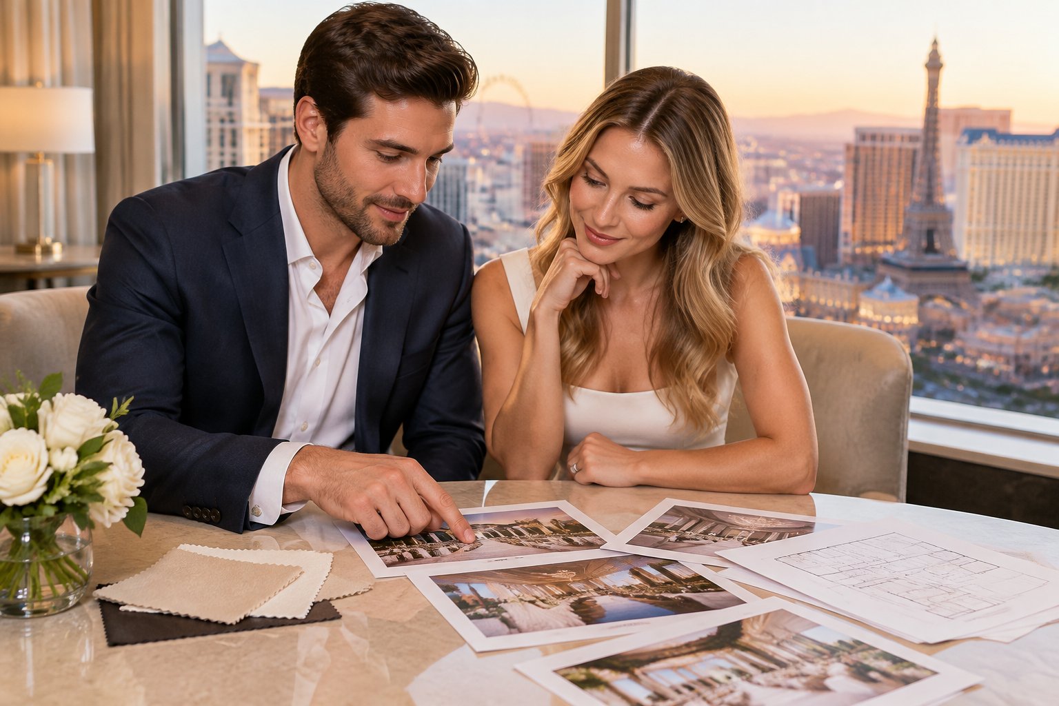 A couple reviews wedding venue options together at a table overlooking the Las Vegas skyline.