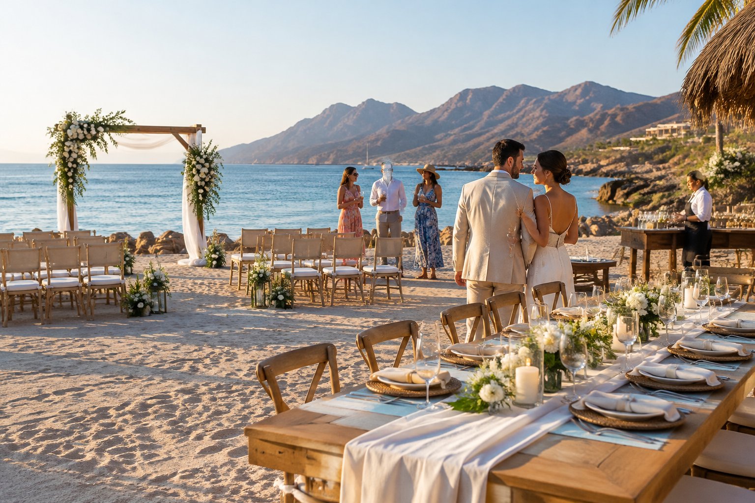 A couple celebrates their wedding with guests at a beachfront resort in Loreto.