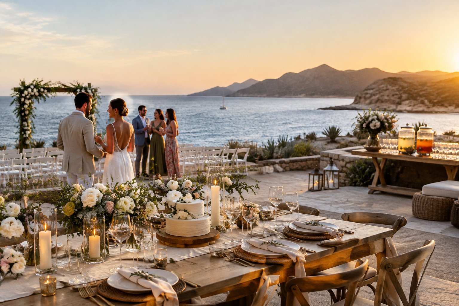 A couple and guests celebrate at a seaside wedding reception in Loreto.
