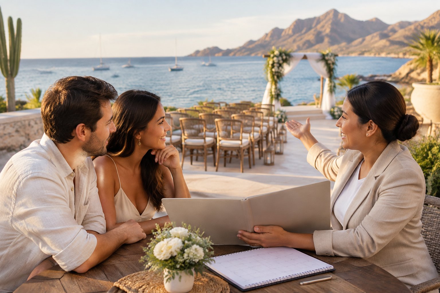 A couple discusses wedding plans with a coordinator beside a seaside ceremony setup.