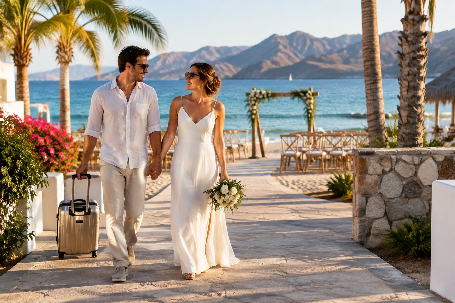 A newlywed couple walks toward the sea at a Loreto beachfront resort.
