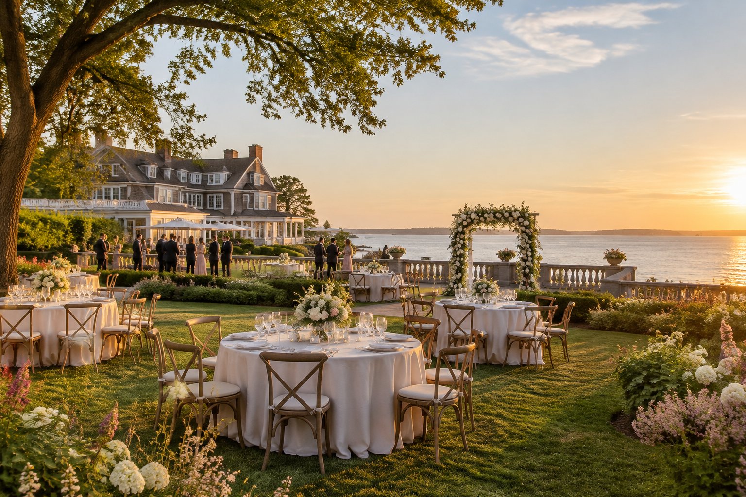 A wedding reception set on the lawn of a waterfront estate.