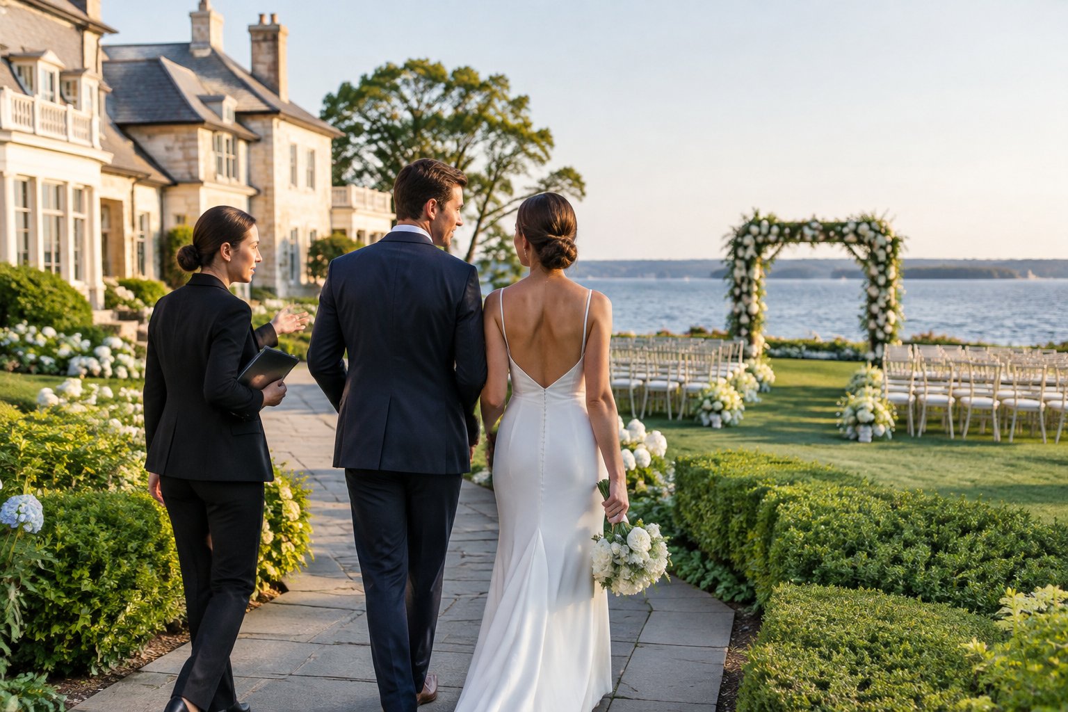 A couple and venue coordinator view a waterfront wedding ceremony space.