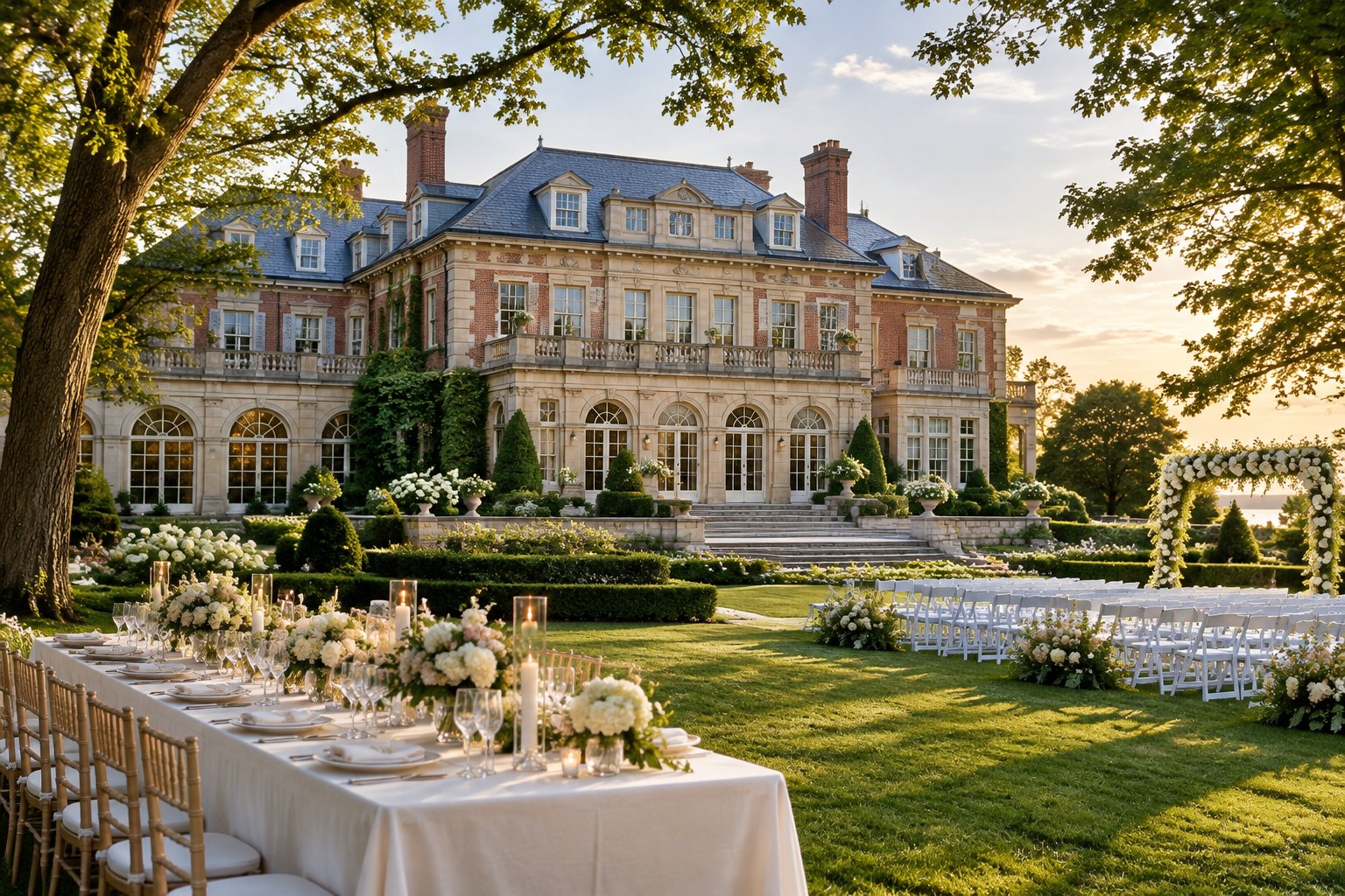 A historic Long Island mansion overlooks a garden wedding reception.