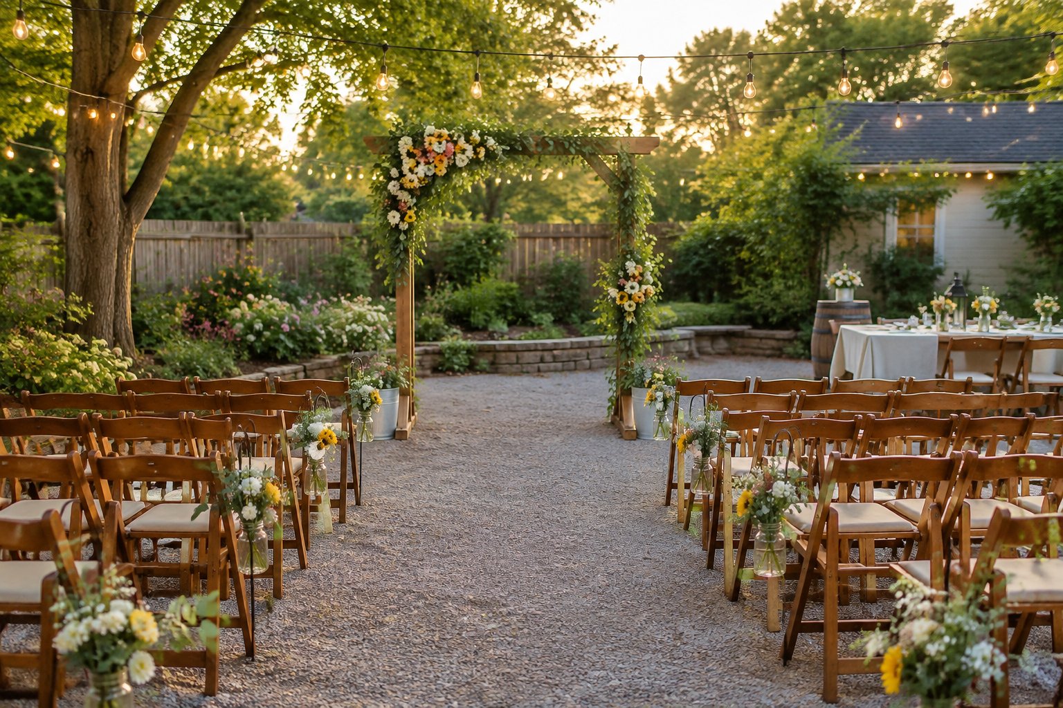 A garden courtyard arranged for a small wedding ceremony.