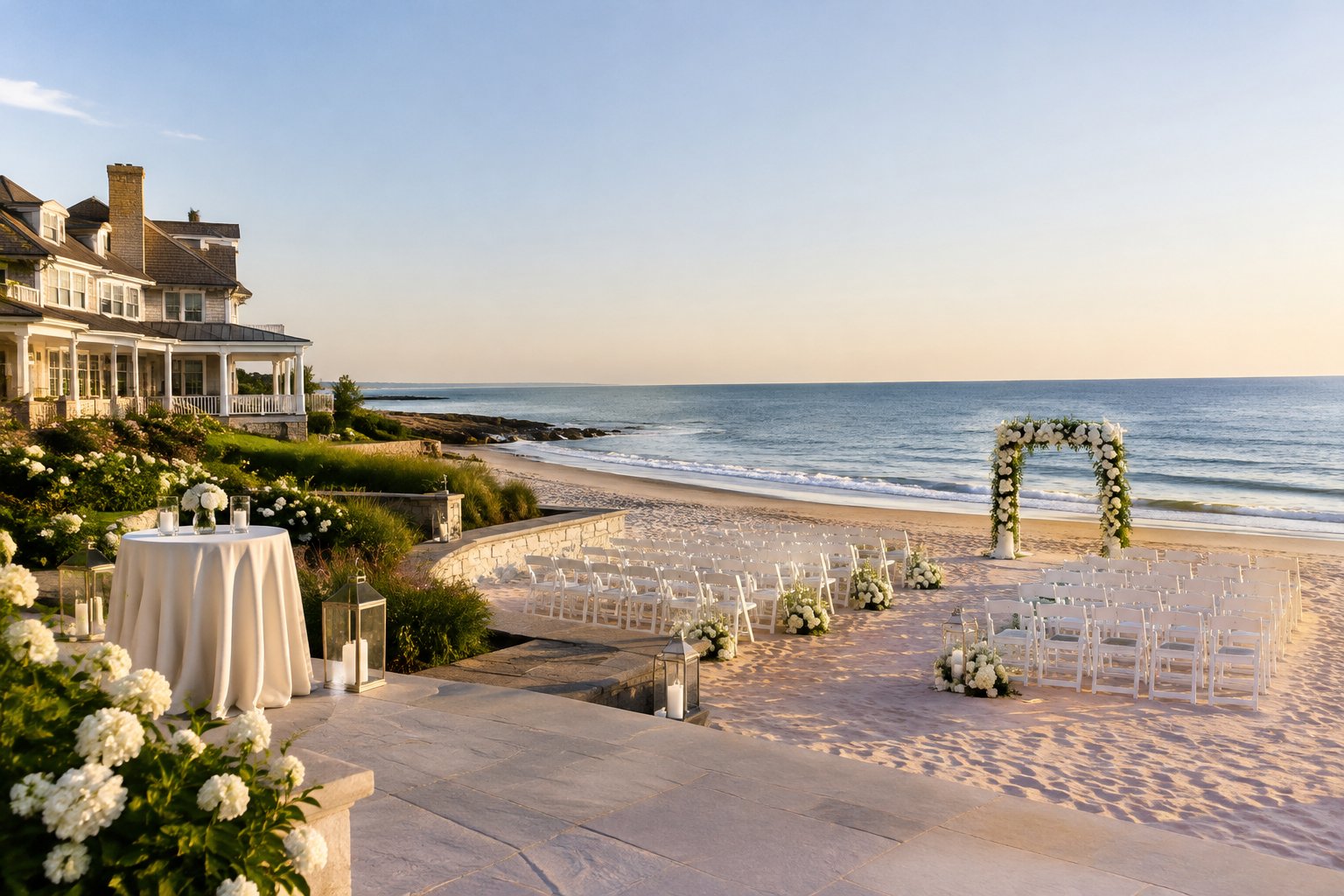 A wedding ceremony setup on a Long Island beach beside a coastal estate.