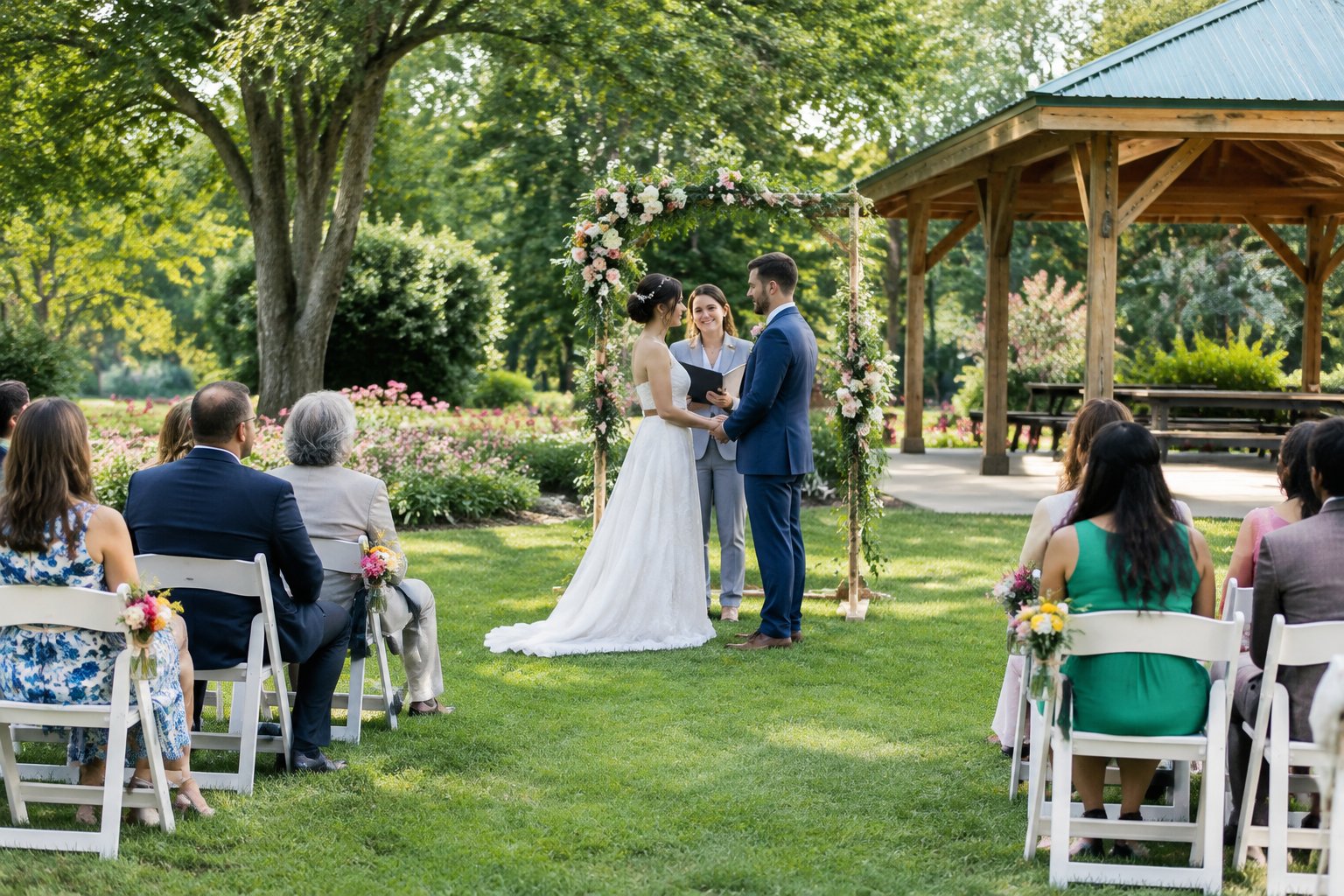 A couple exchanges vows in a garden pavilion as a small group of guests watches.