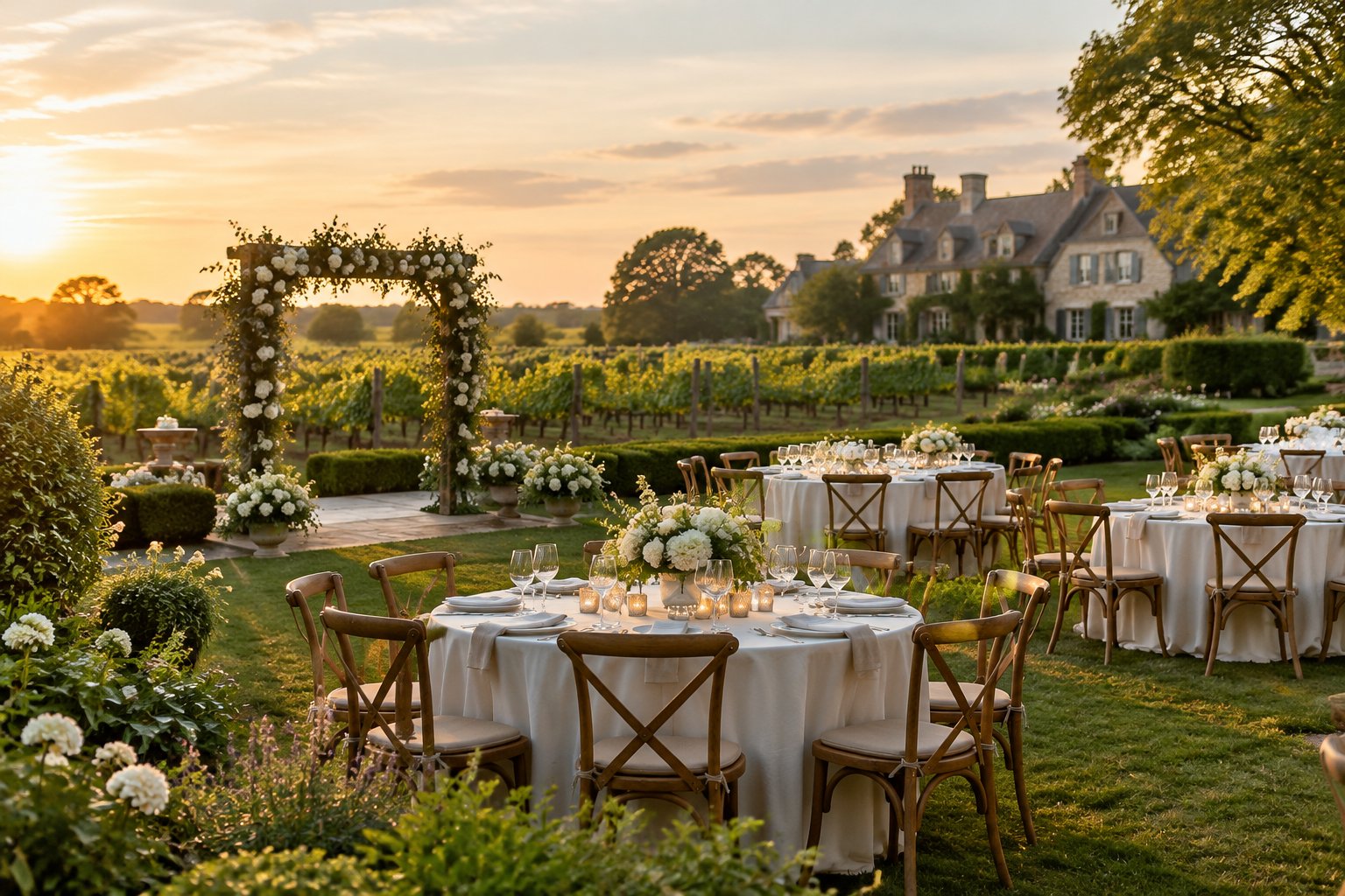 An elegant wedding reception set among vineyard rows and landscaped gardens at a countryside estate.